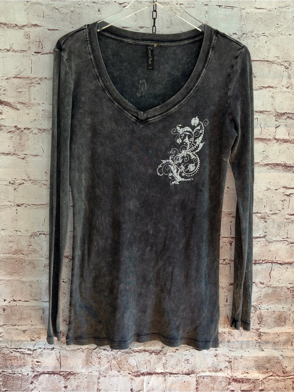 Charcoal V-Neck Long Sleeve Tee with Floral Accent